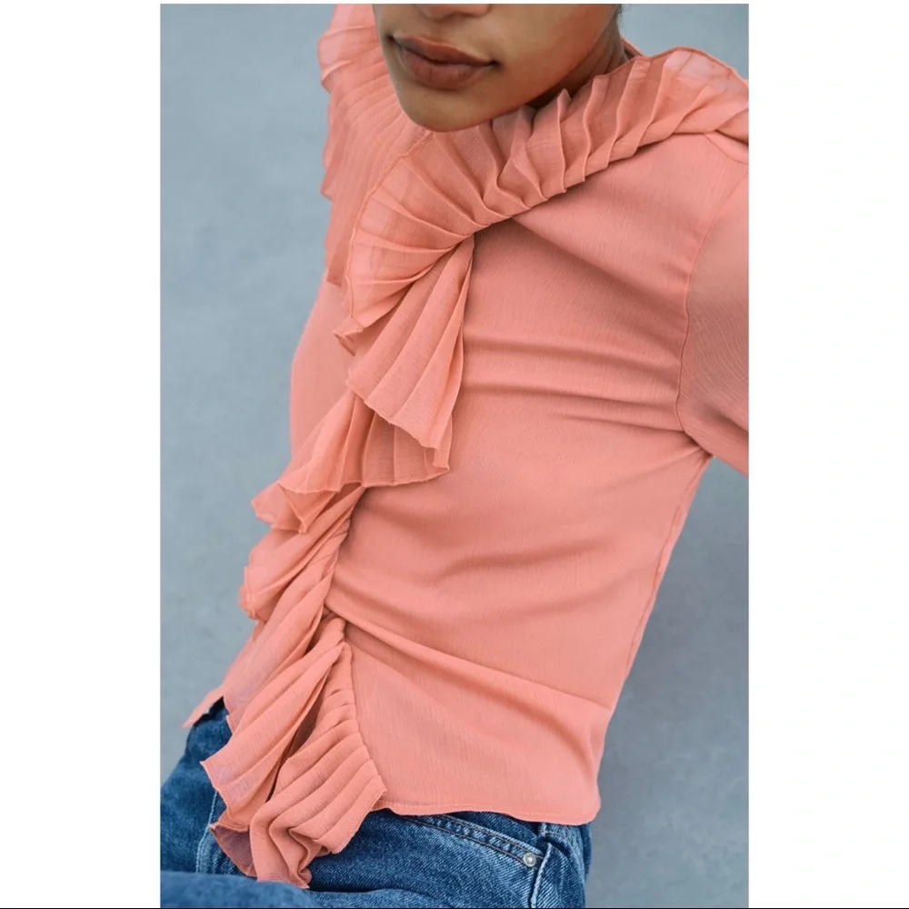Zara XSmall Pleated Ruffle Blouse, Mid-Pink - Picture 4 of 8